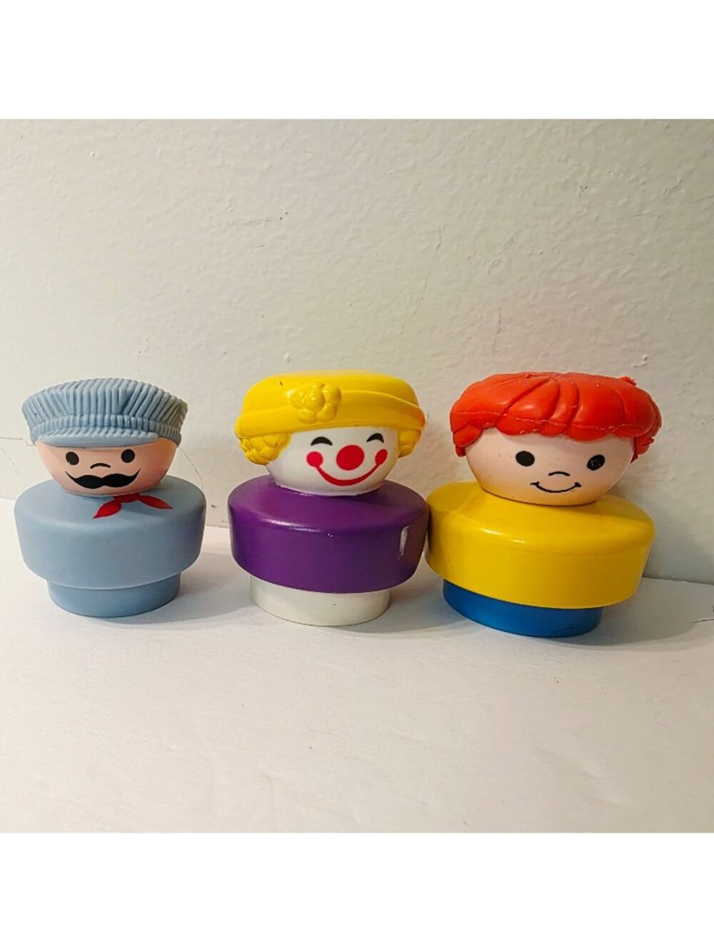 3 Vtg 90's Fisher Price Chunky Gray Little People Train Engineer Clown Girl